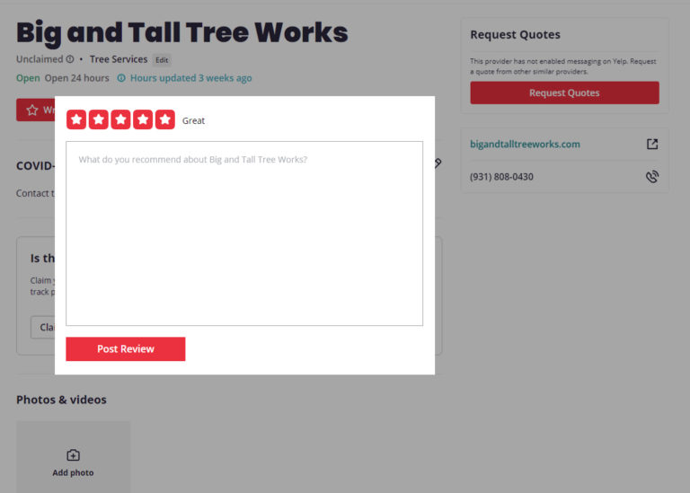 Rate Big and Tall Tree Works on Yelp Sparta TN